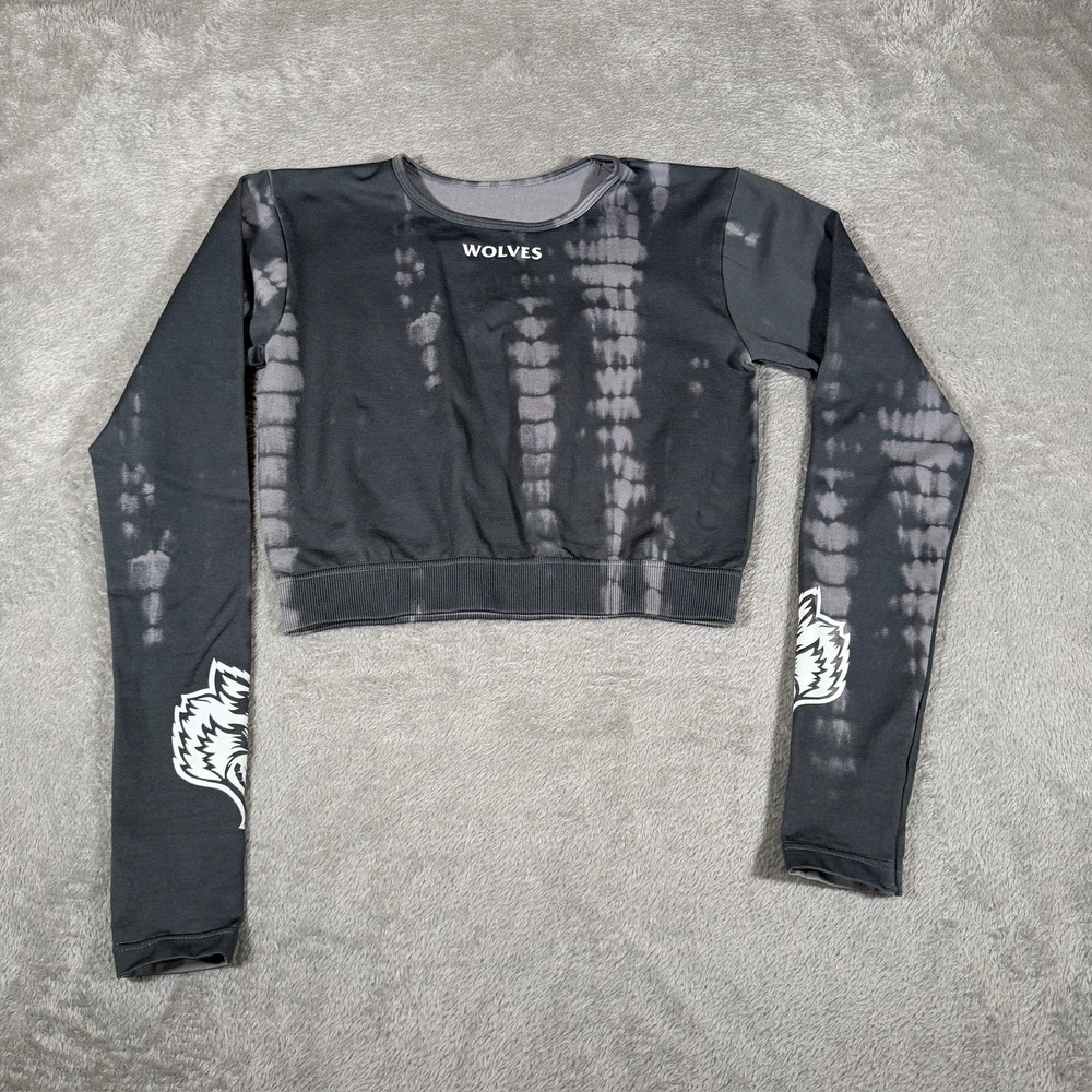 Darc Sport Wolves Cropped Long Sleeve T-Shirt Womens Small Gray Tie Dye Gym